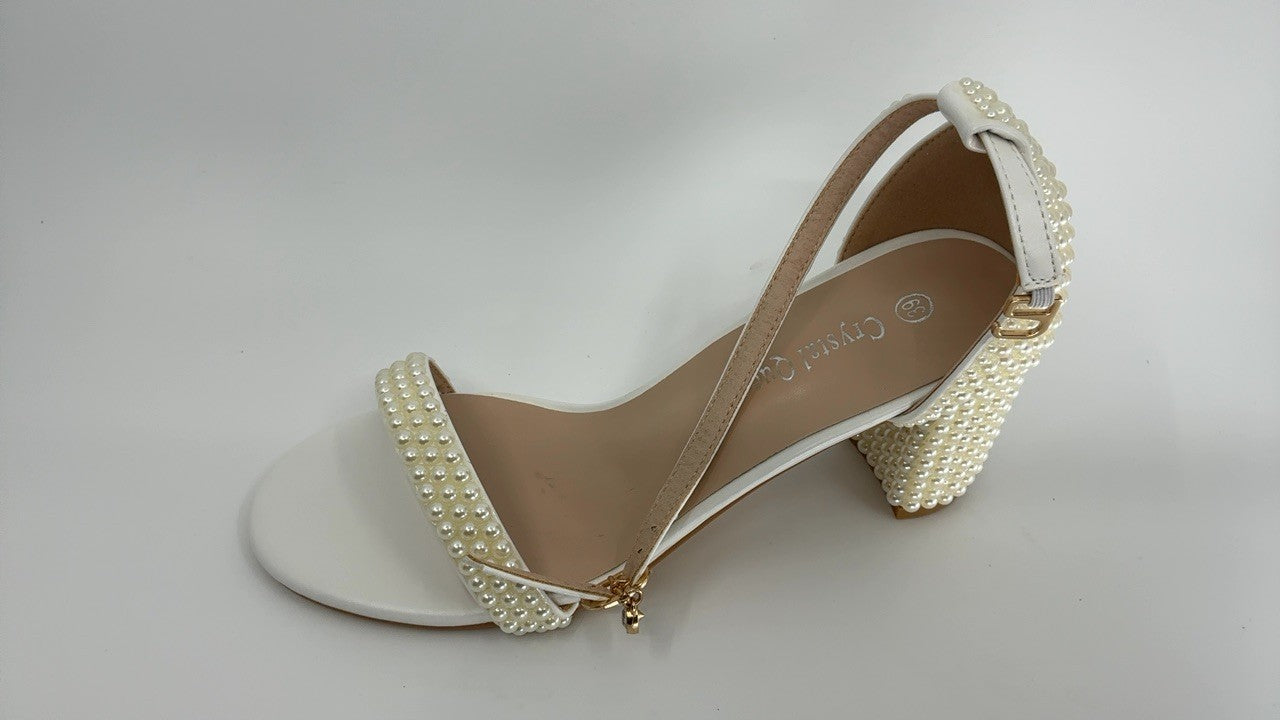 2.95'' Pearls Block Heels Sandals Beige 8 Peep Toe Rhinestone Pumps