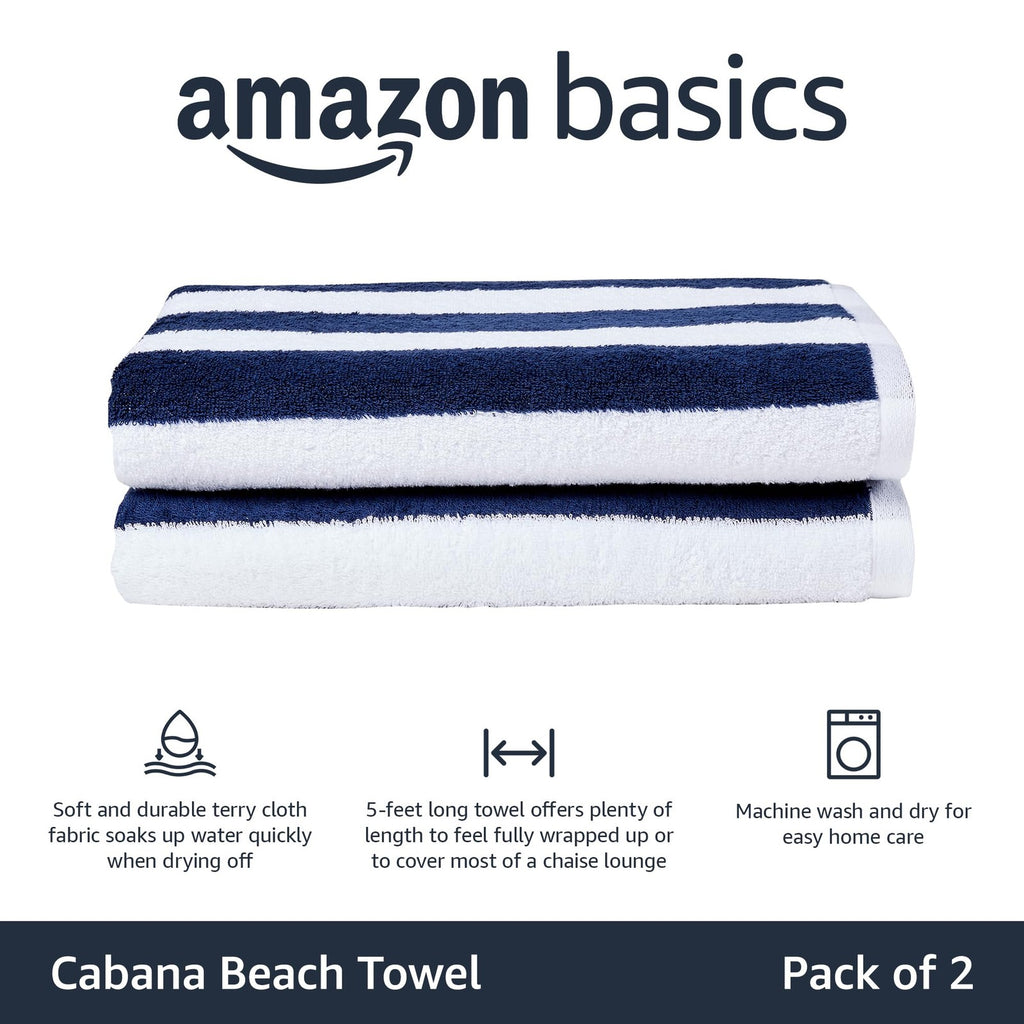 Absorbent Cotton Beach Towels 30x60 in Navy Blue, 2-Pack Cabana Stripe