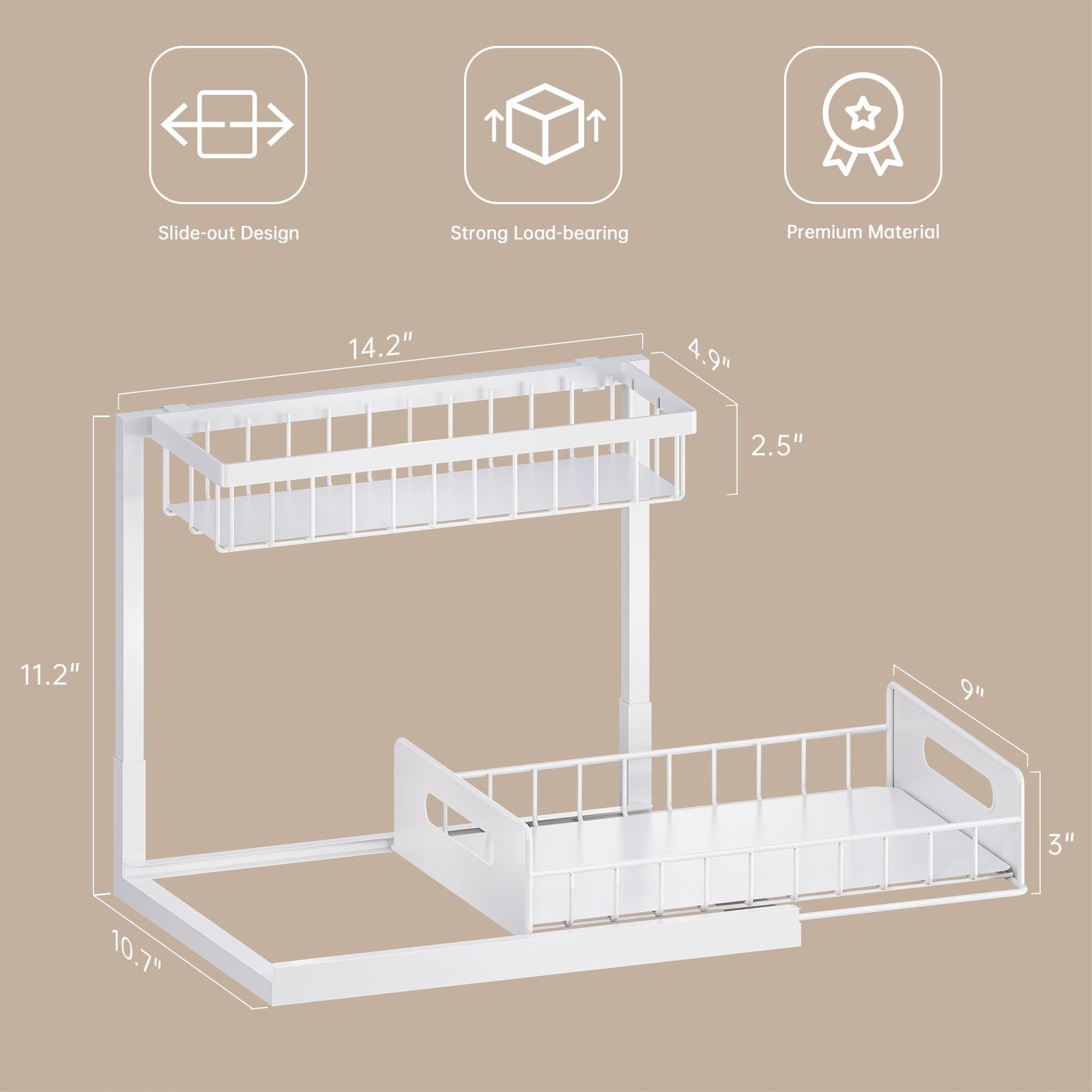 Slide Out Cabinet Organizer, White, 1 Pack for Kitchen & Bathroom