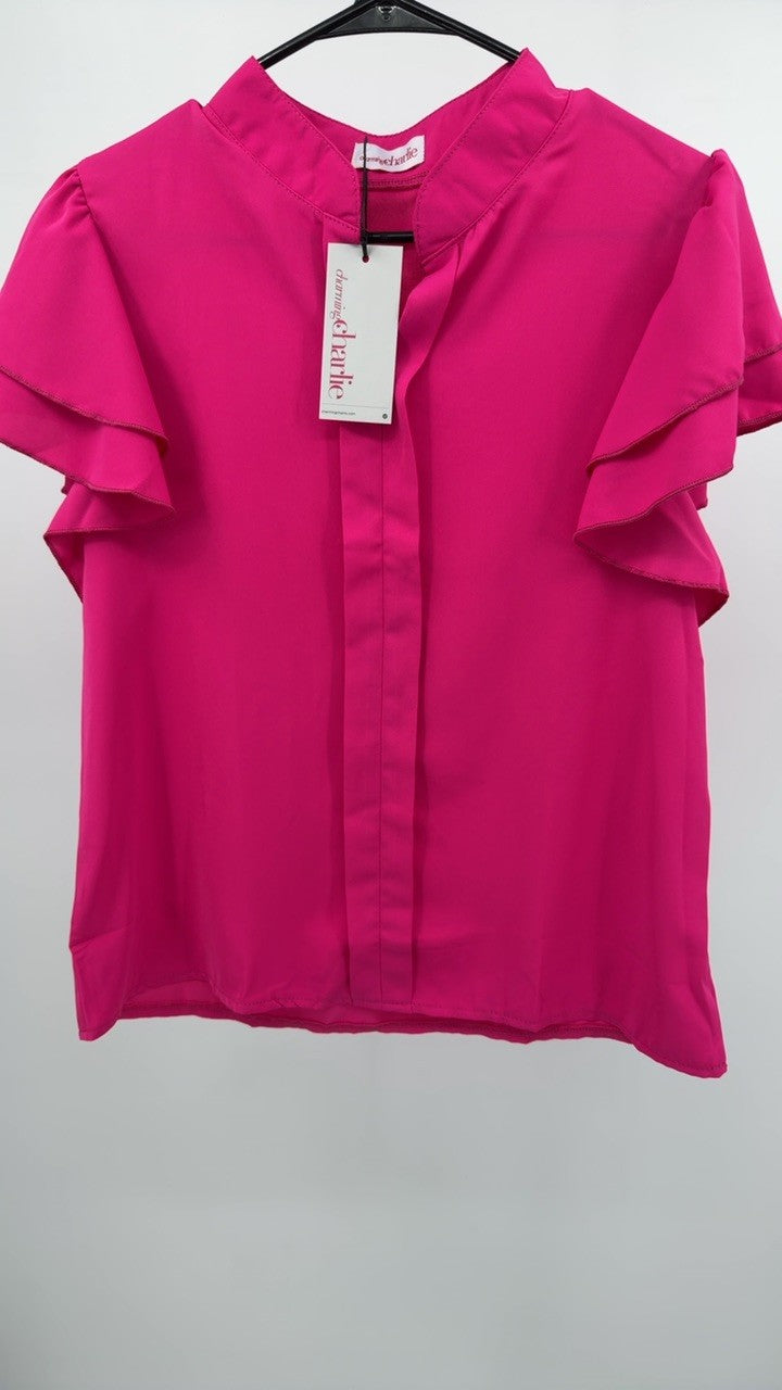 Ruffle Sleeve Notched Blouse