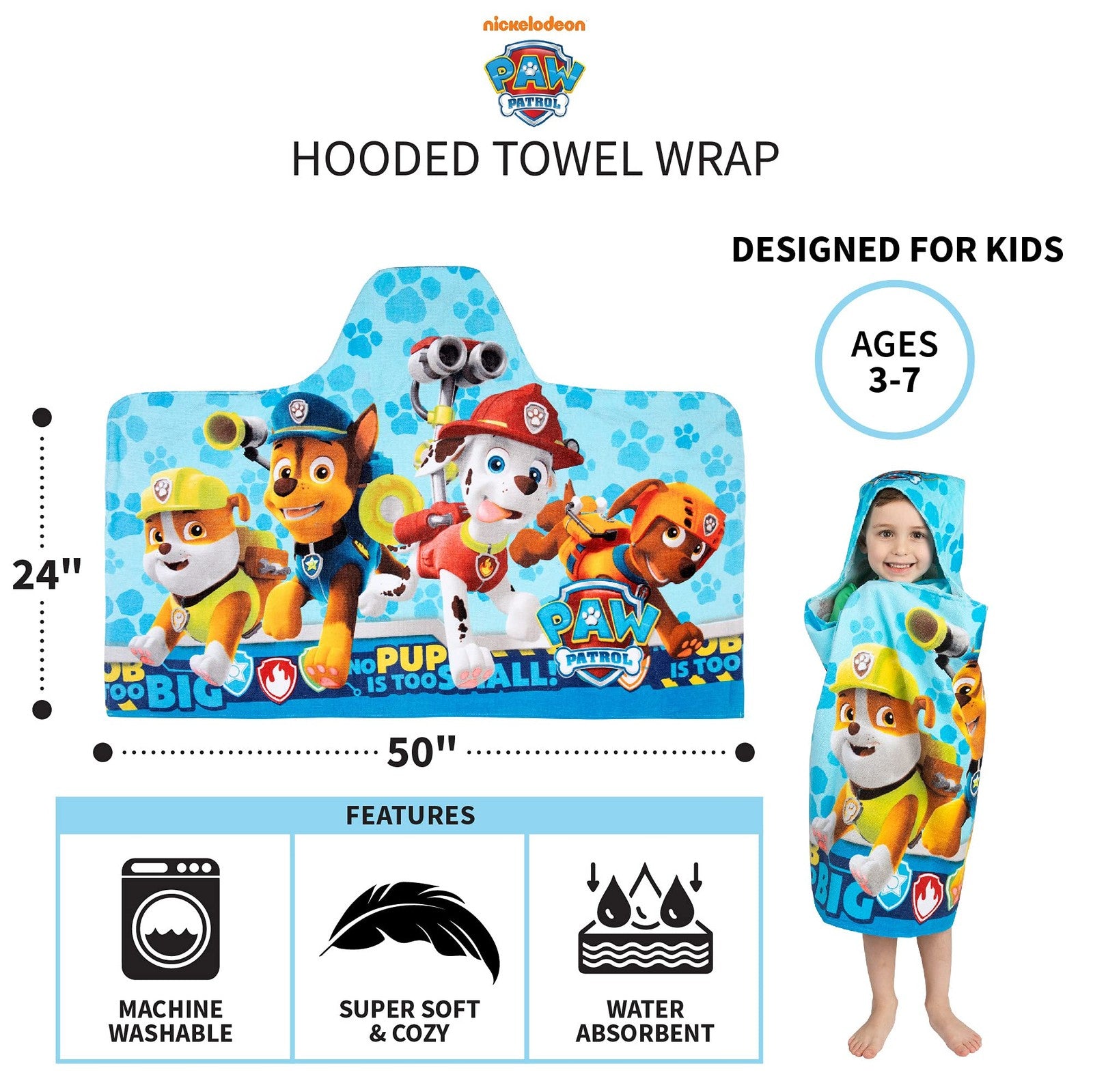 Paw Patrol Kids Bath Towel Wrap 24x50 in Blue Cotton Terry