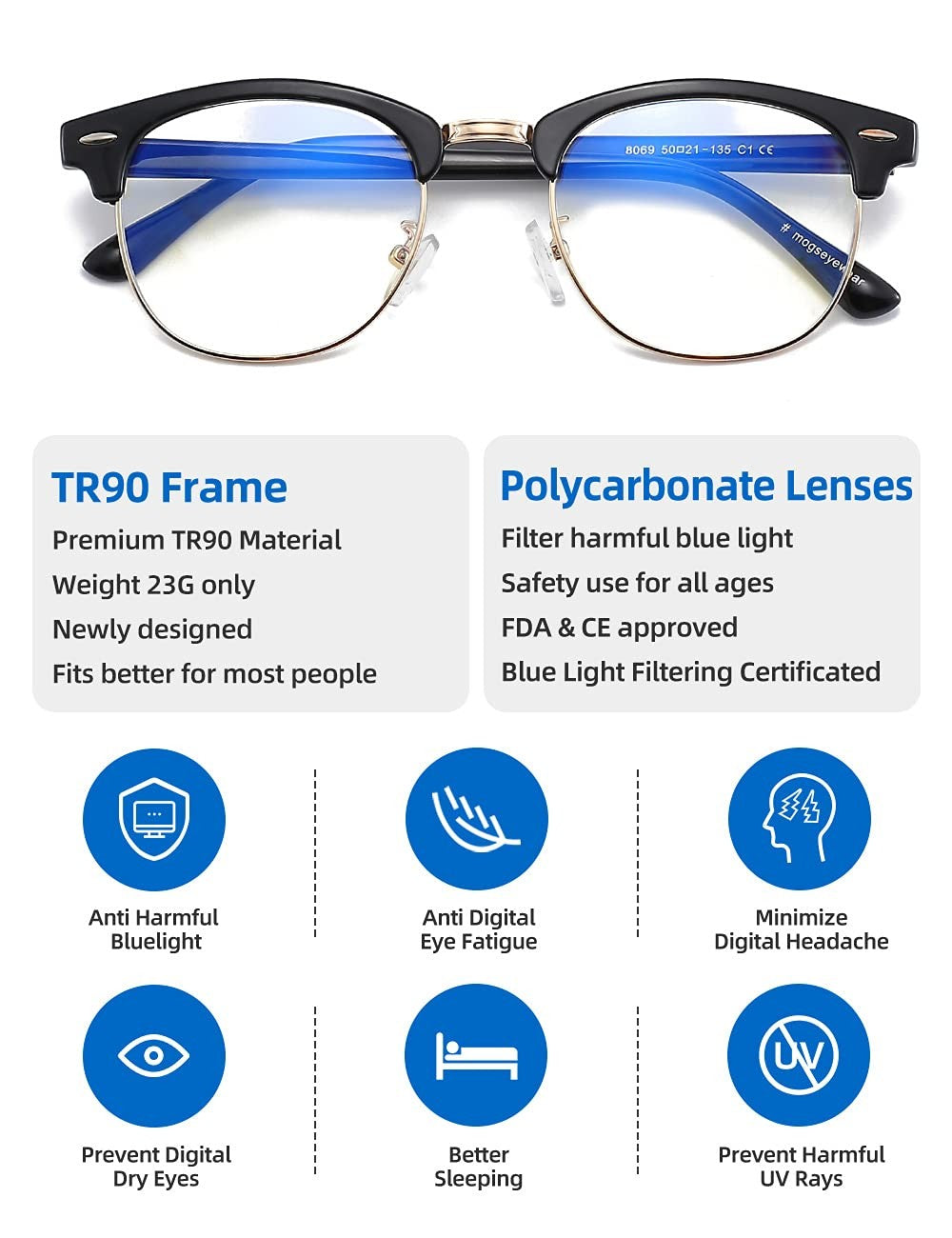 3 Pack Retro Blue Light Blocking Glasses, UV400, Bright Black/Amber/Crystal