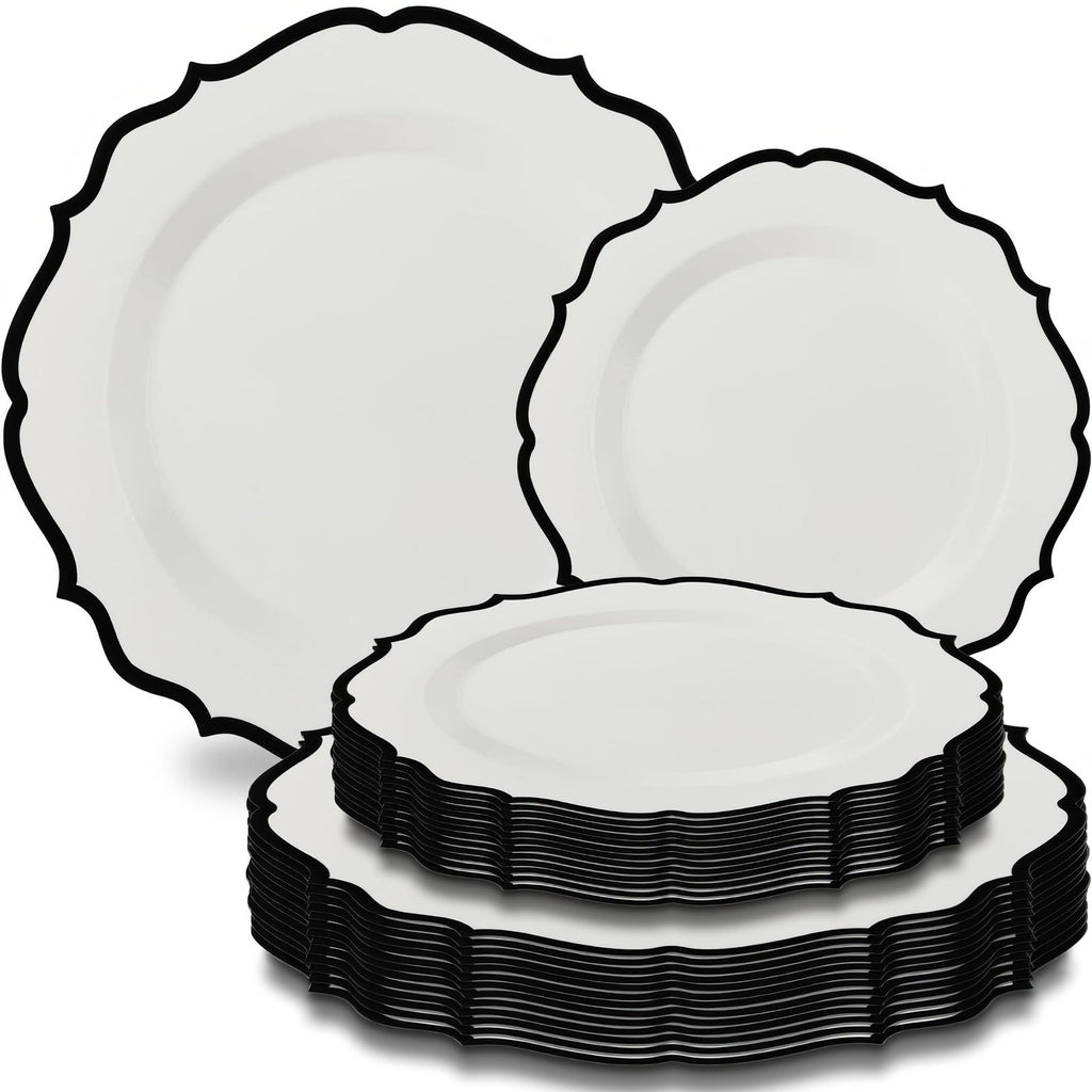 Contemporary Combo Plates Set - 32 White Plates w/ Black Rim 7.5" - 10.5"