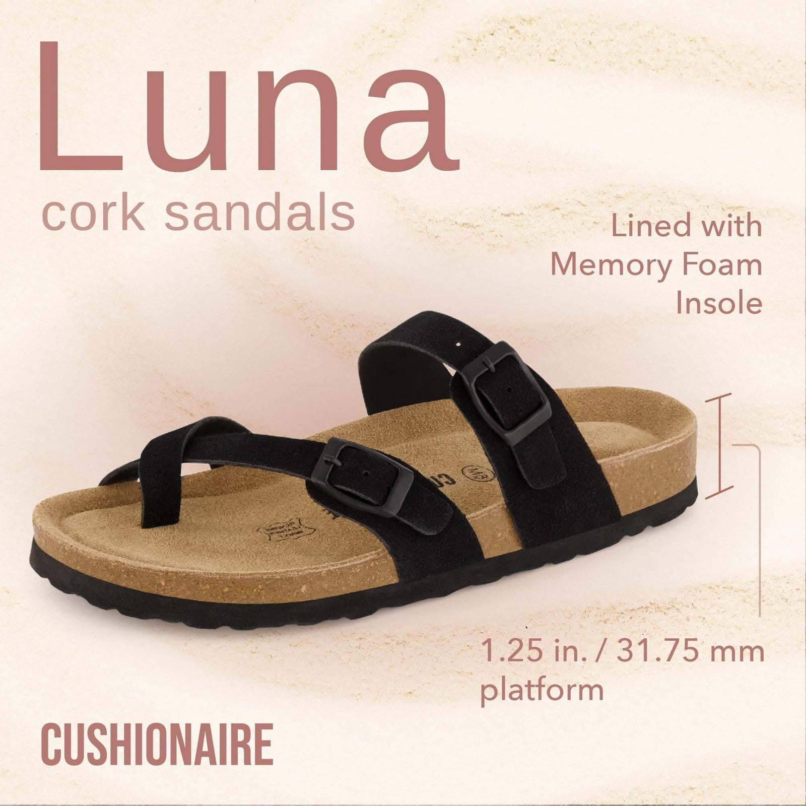 Cushionaire Luna Cork Footbed Slides 10W - Black Adjustable Sandals