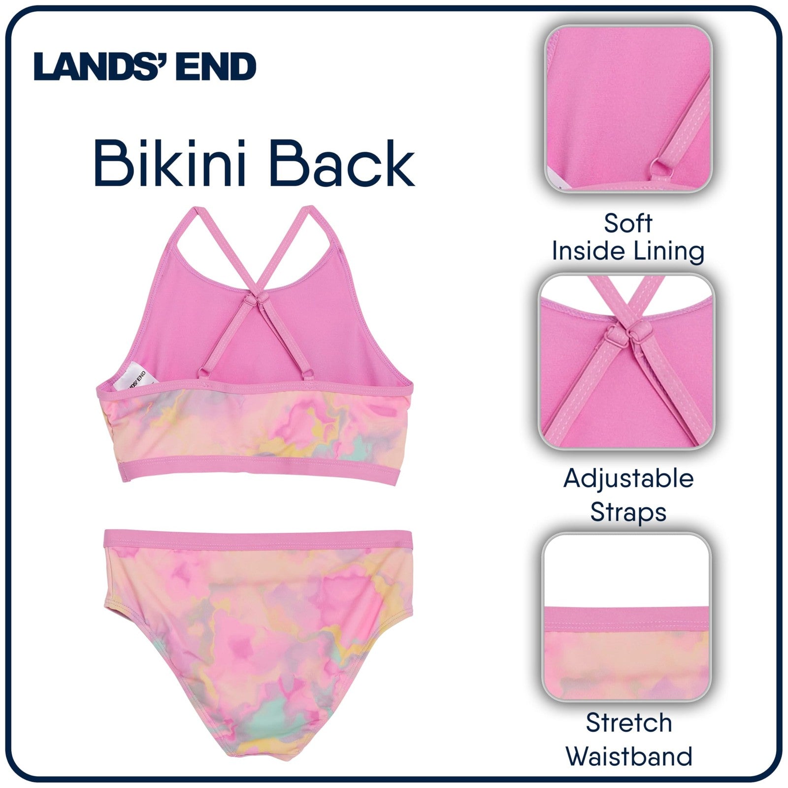 Lands' End Girls' Bikini Set, Large, Pink Multi, UPF 50 Protection