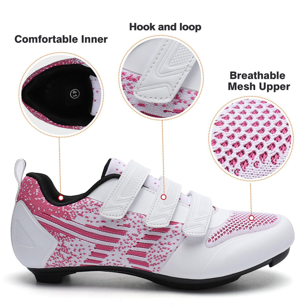 Unisex Road Bike Cycling Shoes Compatible with Peloton, Size 5.5 (White-Pink)