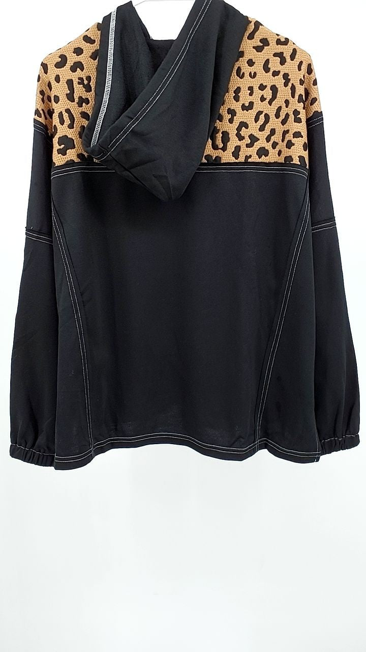 Leopard Patchwork Contrast Stitching Knotted Cuff Quarter Zip Hoodie