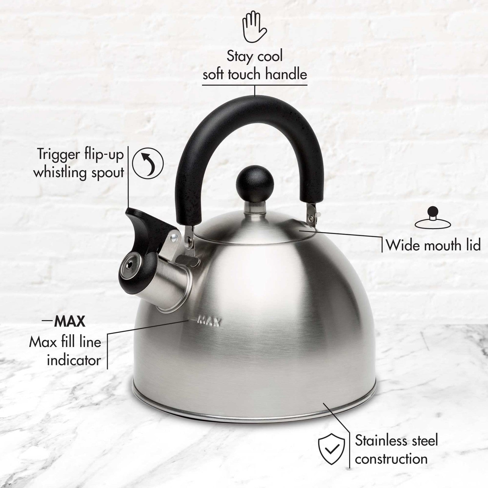 Primula Stewart 1.5Qt Whistling Kettle Brushed Steel Cool Touch Folding Handle