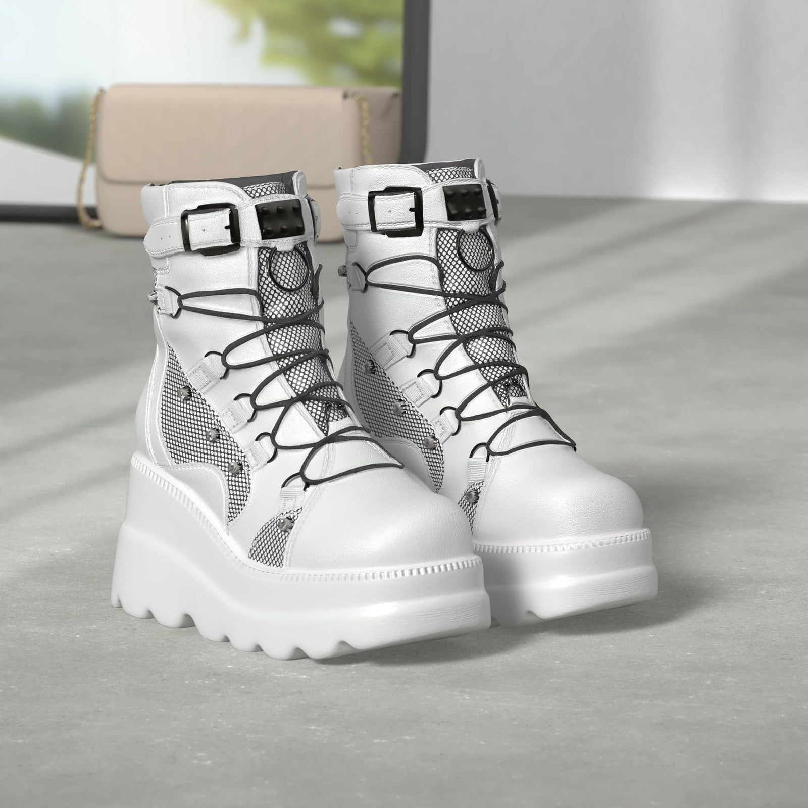 Gothic Style Platform Ankle Boots for Women High Heel Lace Up White 8