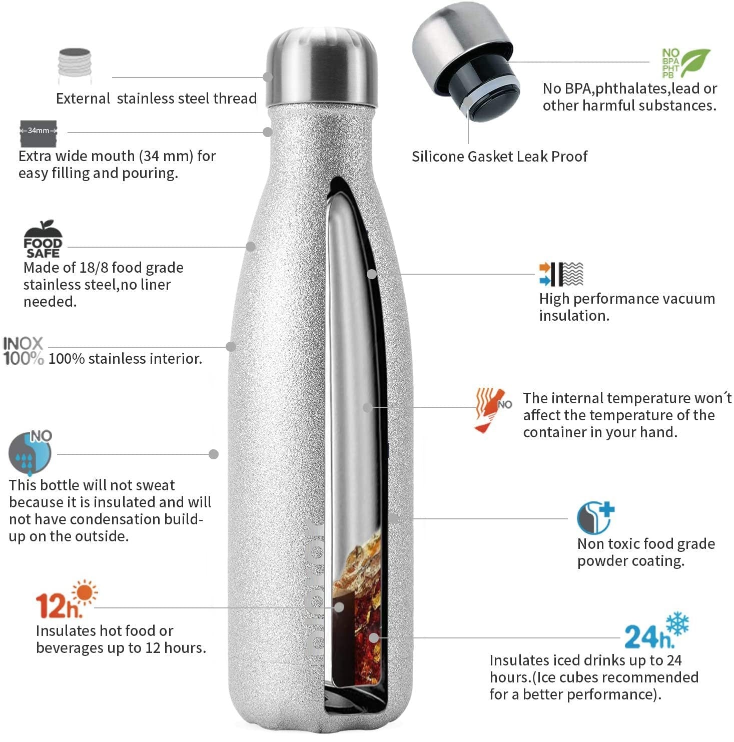 Stainless Steel Sports Water Bottle 17oz, Keeps Cold 24H, Glitter Silver