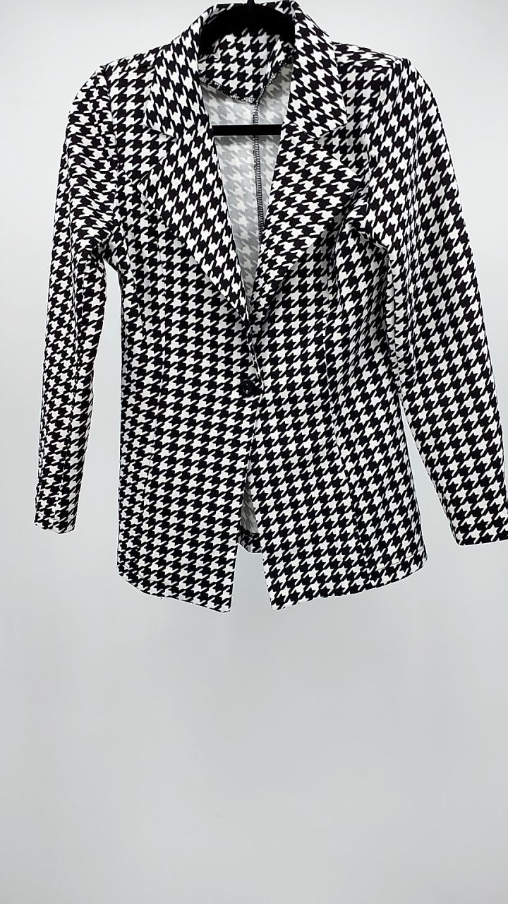 Houndstooth Print Lapel Collar Blazer