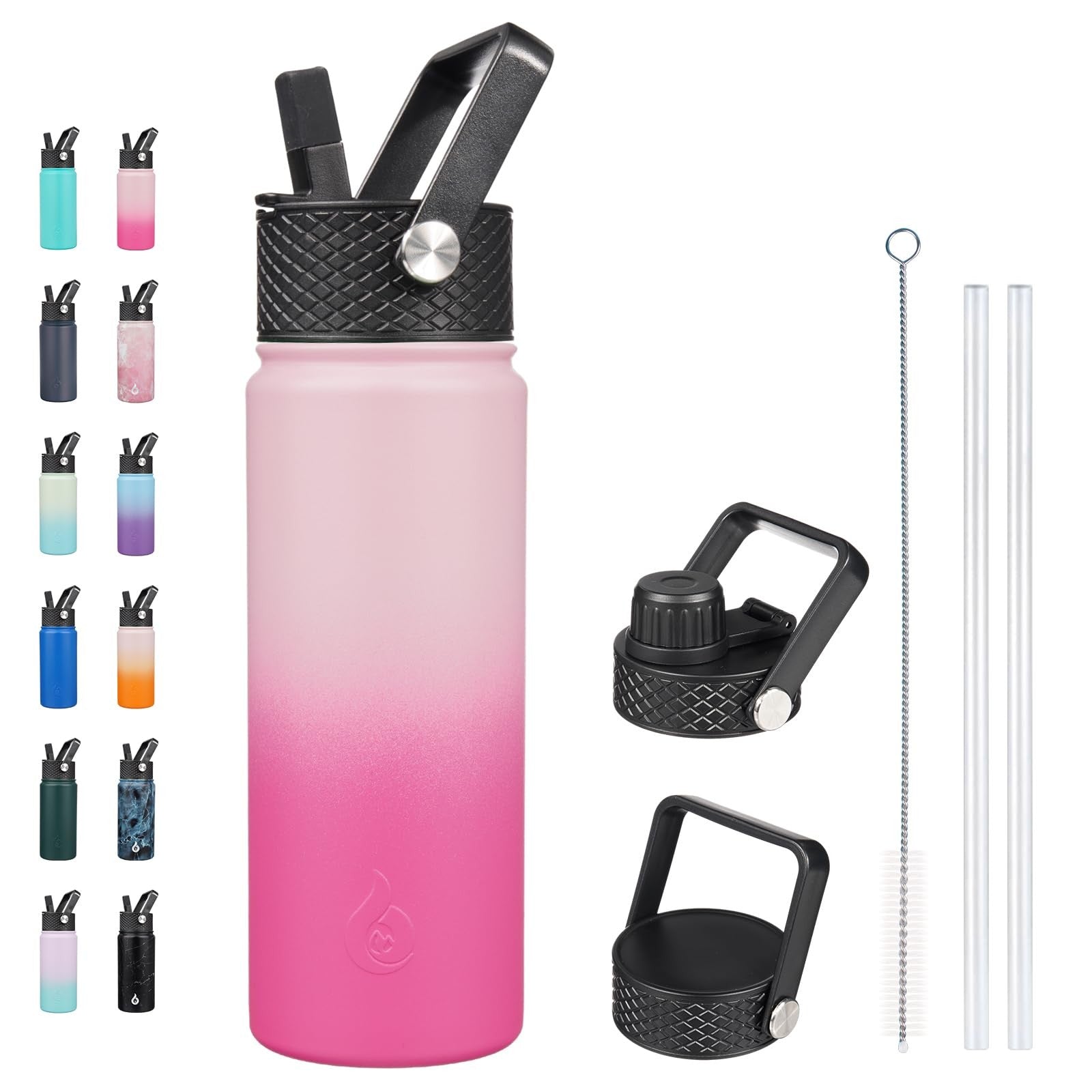 22oz Cherry Insulated Water Bottle, Stainless Steel, 3 Lids Included