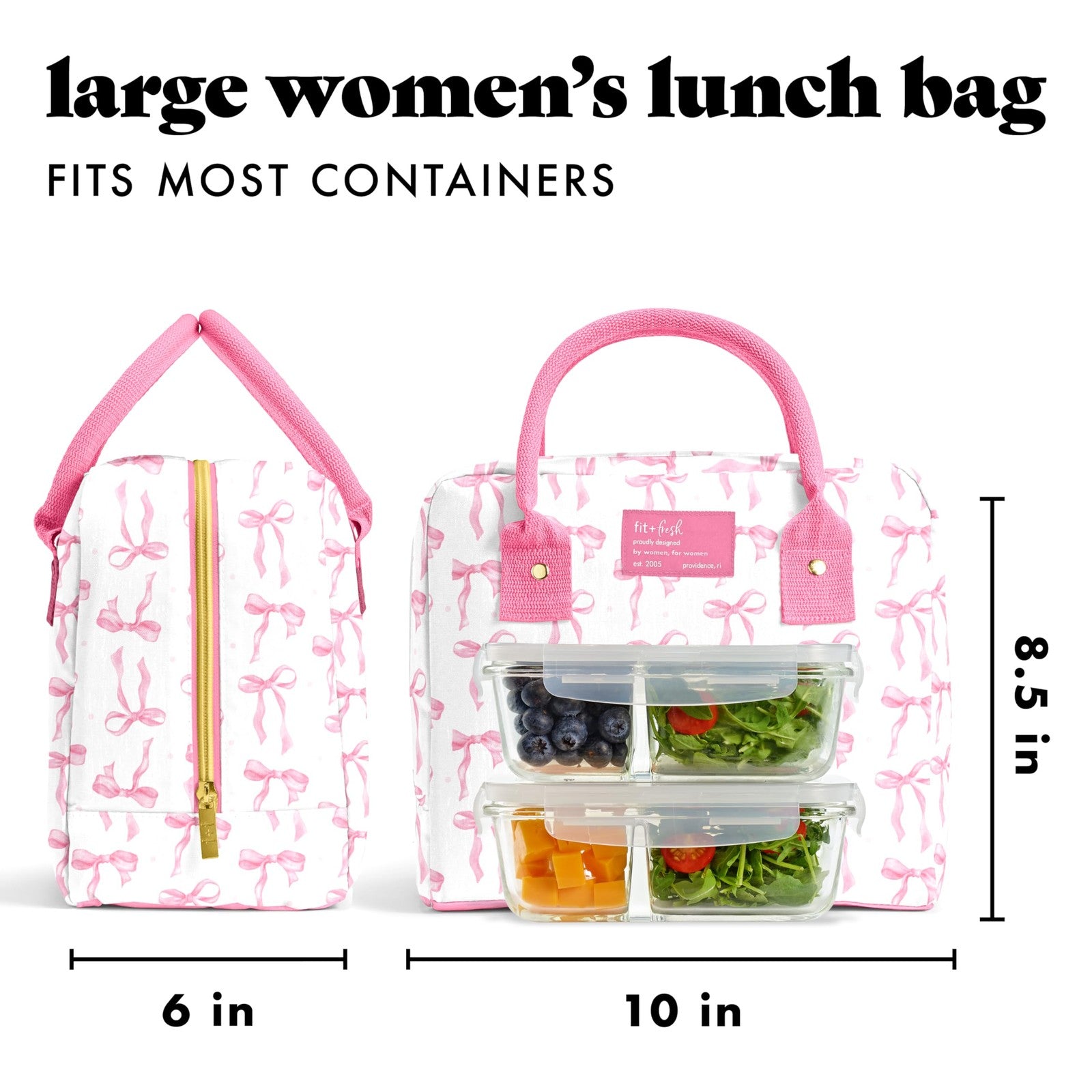 Insulated Pink Bows Lunch Bag w/ Containers, Fit & Fresh Bloomington