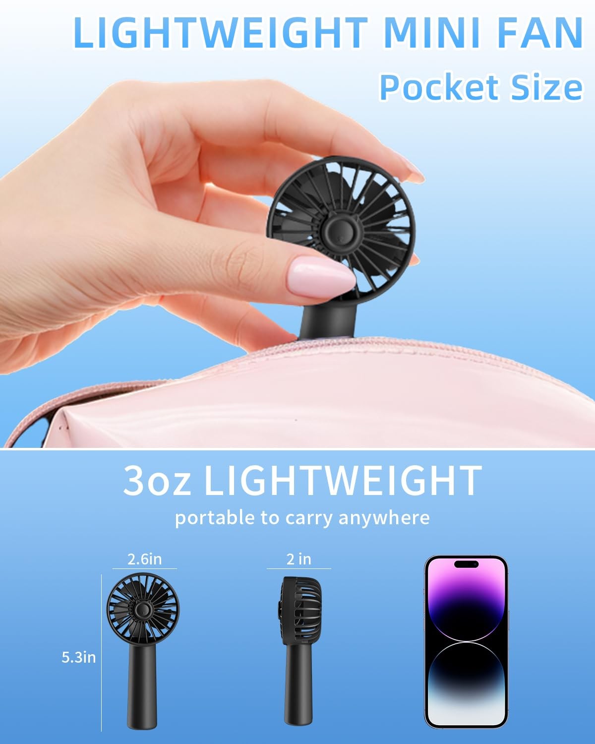 Mini Hand Fan, 1800mAh, USB Rechargeable, Personal Makeup Fan, Black