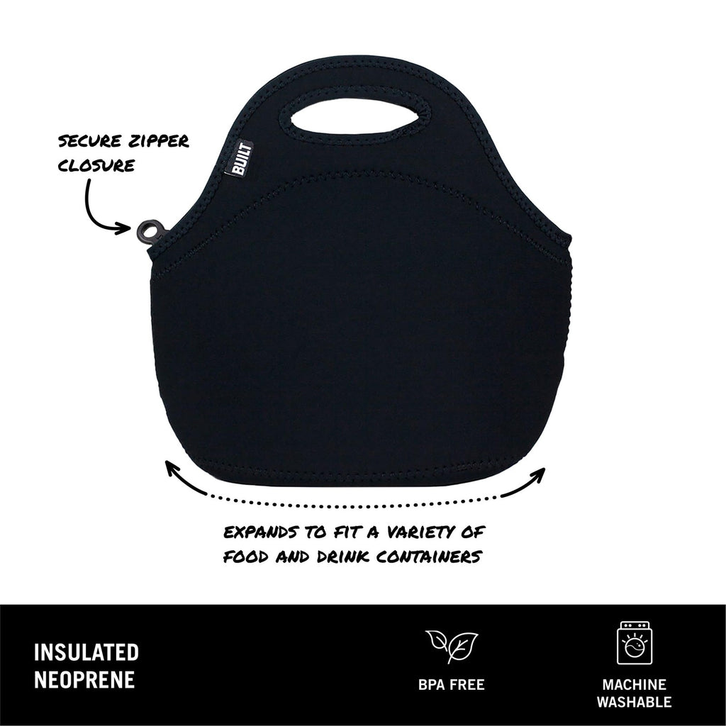 Black Neoprene Lunch Tote Bag, BUILT Gourmet Getaway, Reusable & Insulated