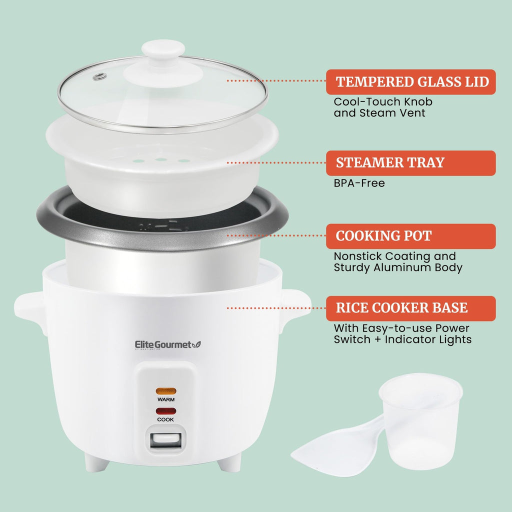 Elite Gourmet Rice Cooker 6 Cups, Non-Stick Inner Pot, White