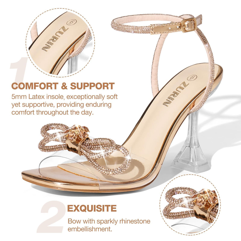 ZURIN Women's Rhinestone Bow Heels 6.5 Champagne Gold Slingback Sandals