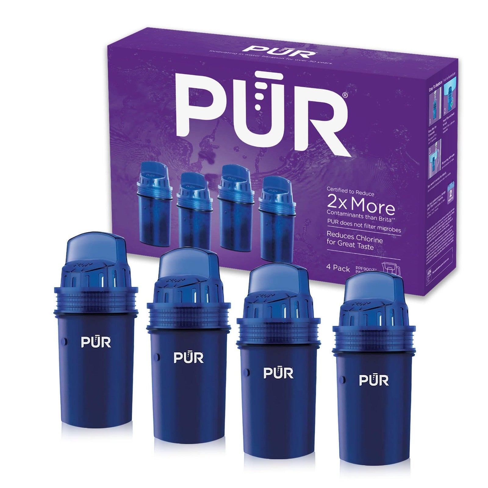 PUR 4-Pack Water Pitcher Filters, Blue, 2-in-1 Filtration Technology