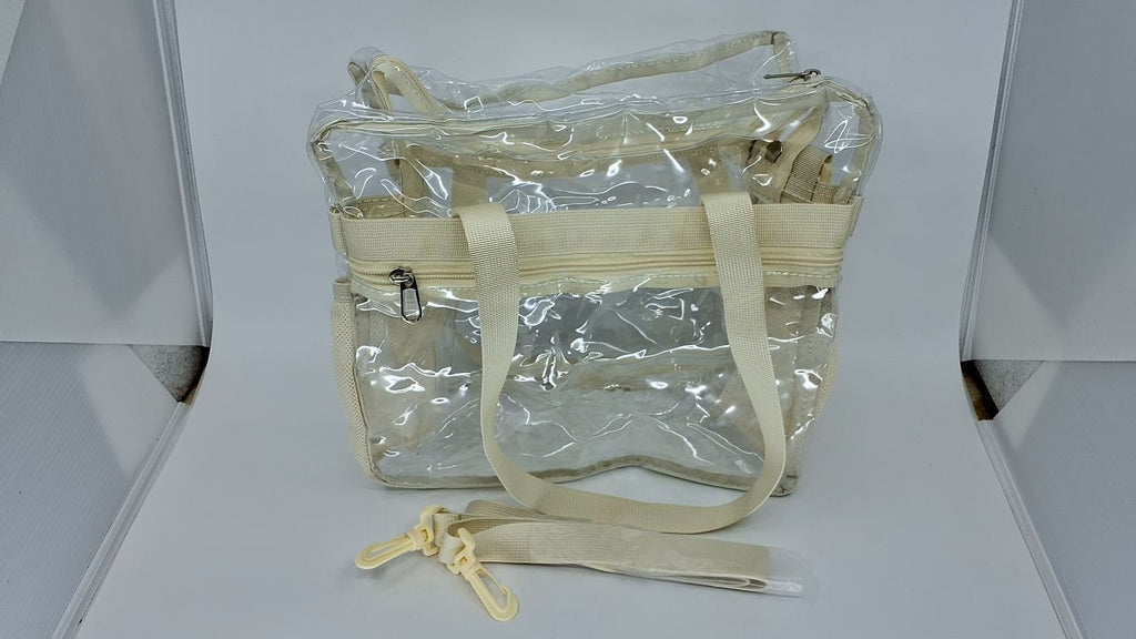 Large Clear Tote Bag 12x6x12 - Stadium Approved, Cream, w/ Shoulder Strap