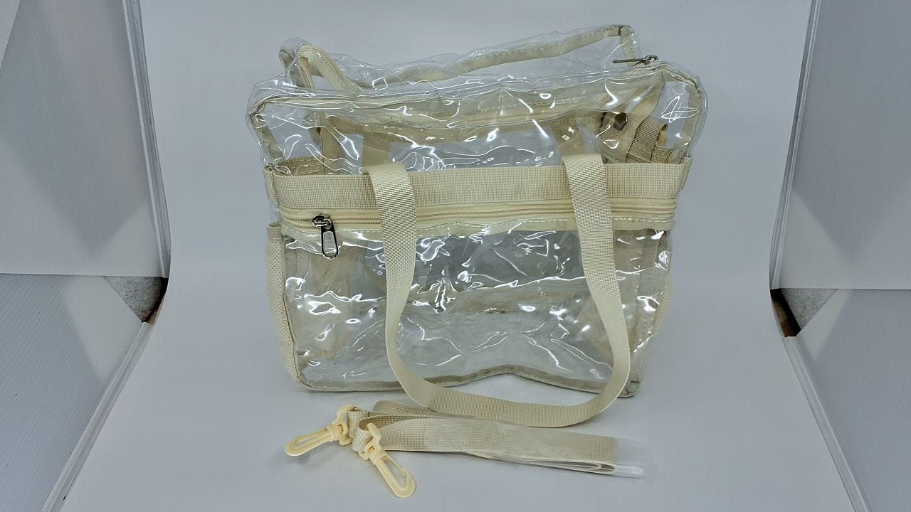 Large Clear Tote Bag 12x6x12 - Stadium Approved, Cream, w/ Shoulder Strap