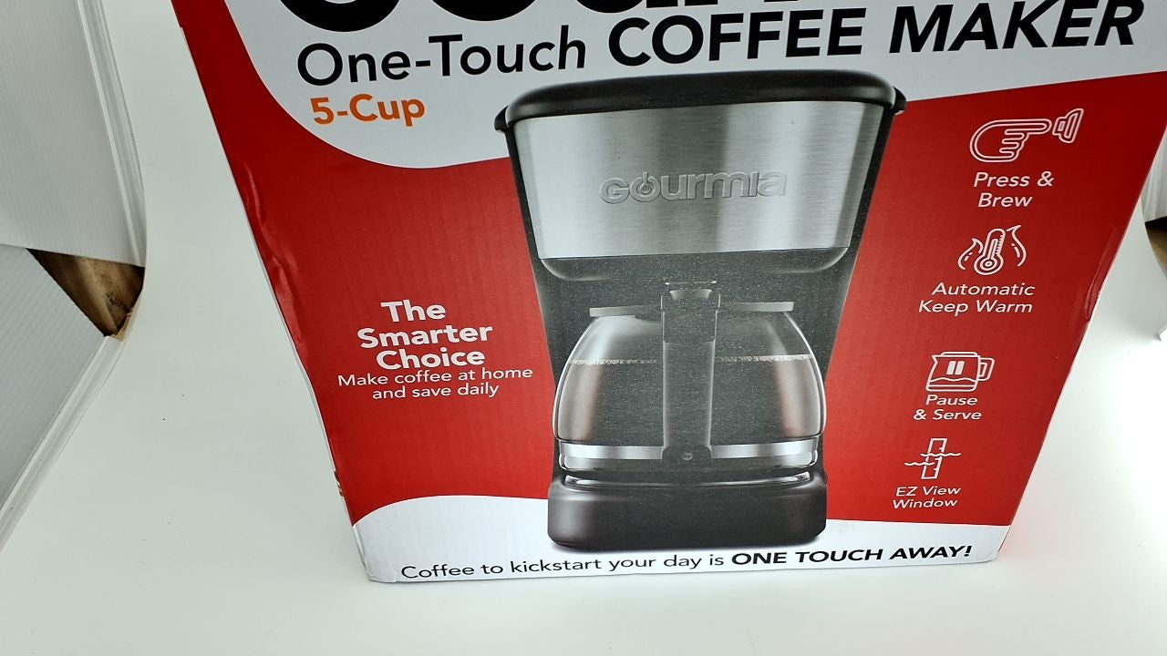 Gourmia One-Touch Coffee Maker, 5 Cup, Black & Stainless Steel Accents