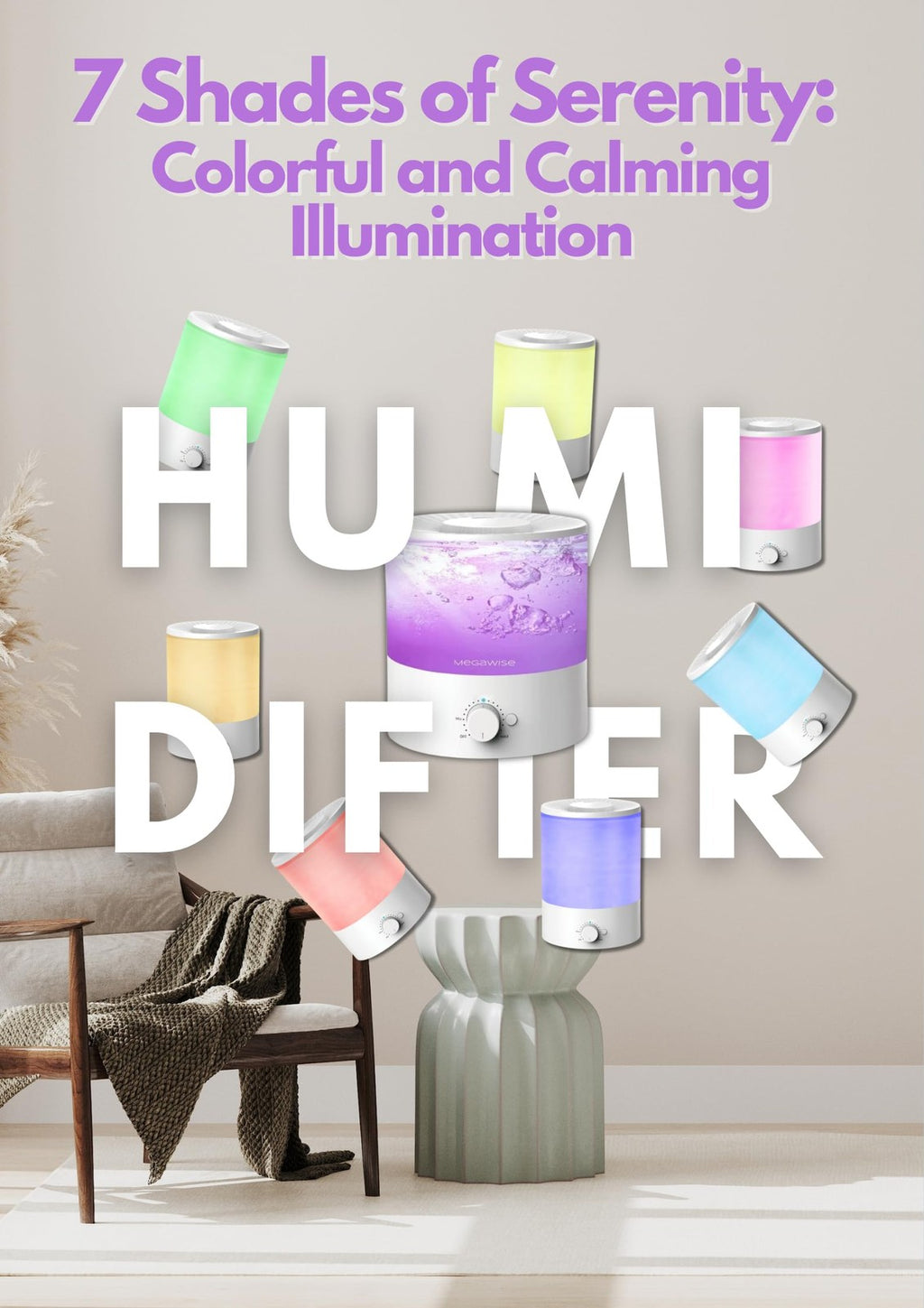 Megawise 2L Cool Mist Humidifier, Top Refill, 7-Color Night Light