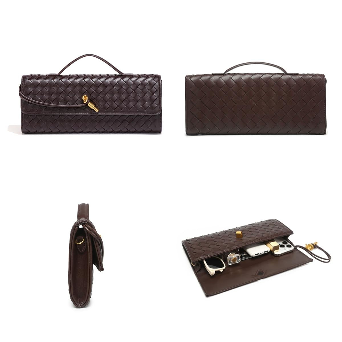 Women’s Dark Black Woven Handbag PU Leather Evening Clutch & Crossbody