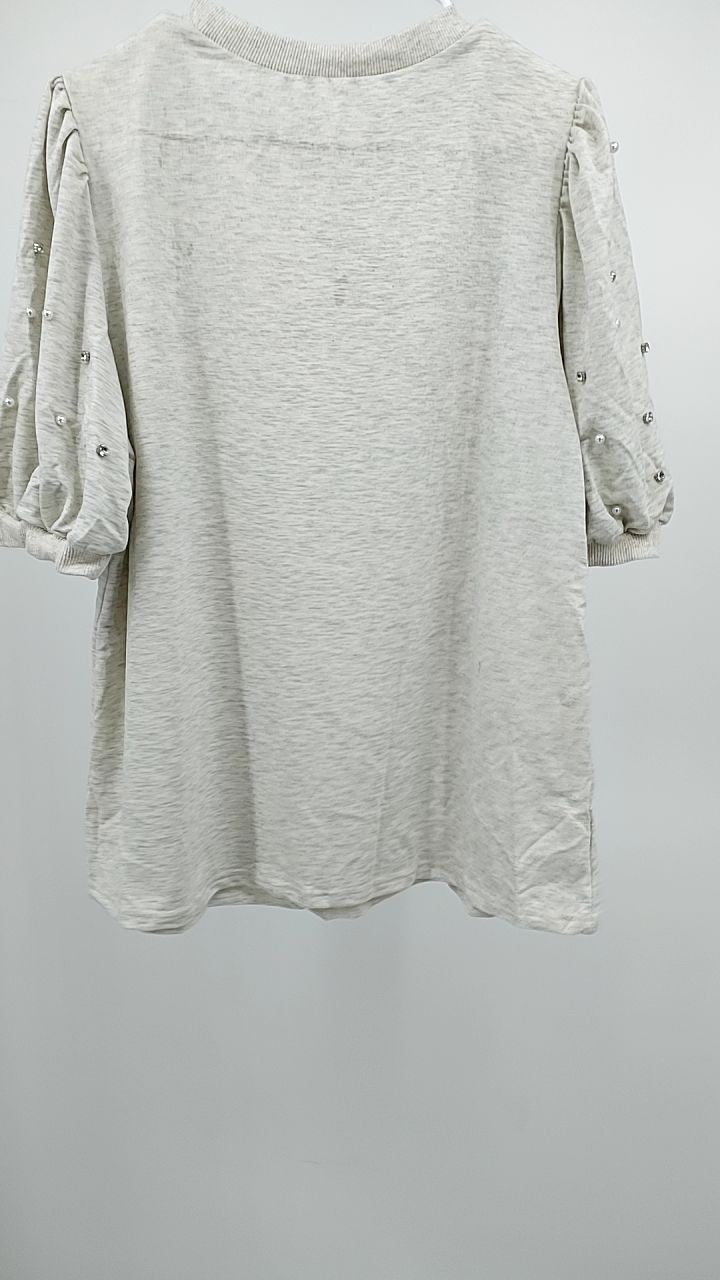 Rhinestone Pearl Detail Round Neck Puff Sleeve Top