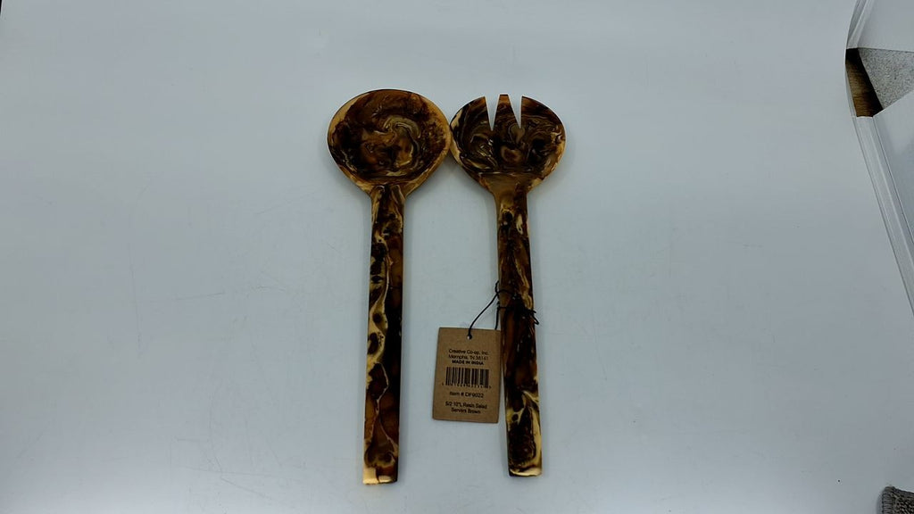 Creative Co-Op Resin Salad Servers with Matte Marble Finish, Brown, Set of 2