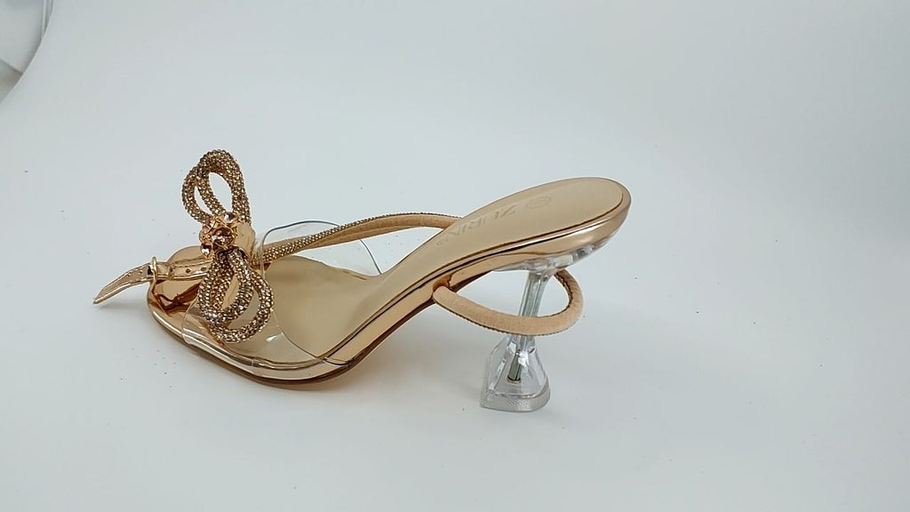 ZURIN Women's Rhinestone Bow Heels 6.5 Champagne Gold Slingback Sandals