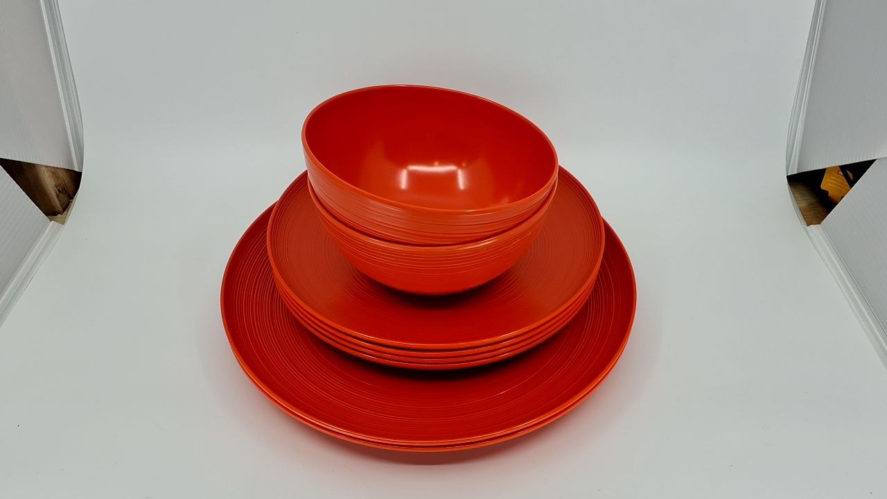 12-Piece Orange Melamine Dinnerware Set for Indoor & Outdoor Dining