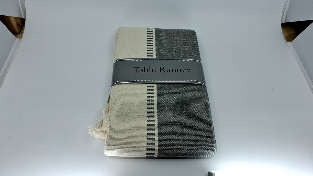 Dobby Stripe Table Runner 13x108in Cool Gray Cotton W/ Fringe