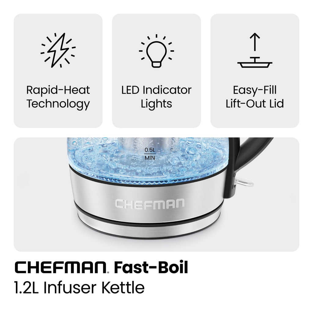 1.2L Cordless Electric Kettle, Chefman, LED Light, Boil-Dry Protection
