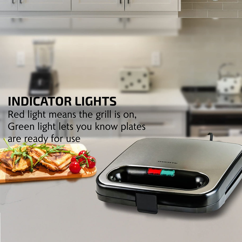 Black OVENTE Sandwich Maker w/ Non-Stick Plates & Indicator Lights