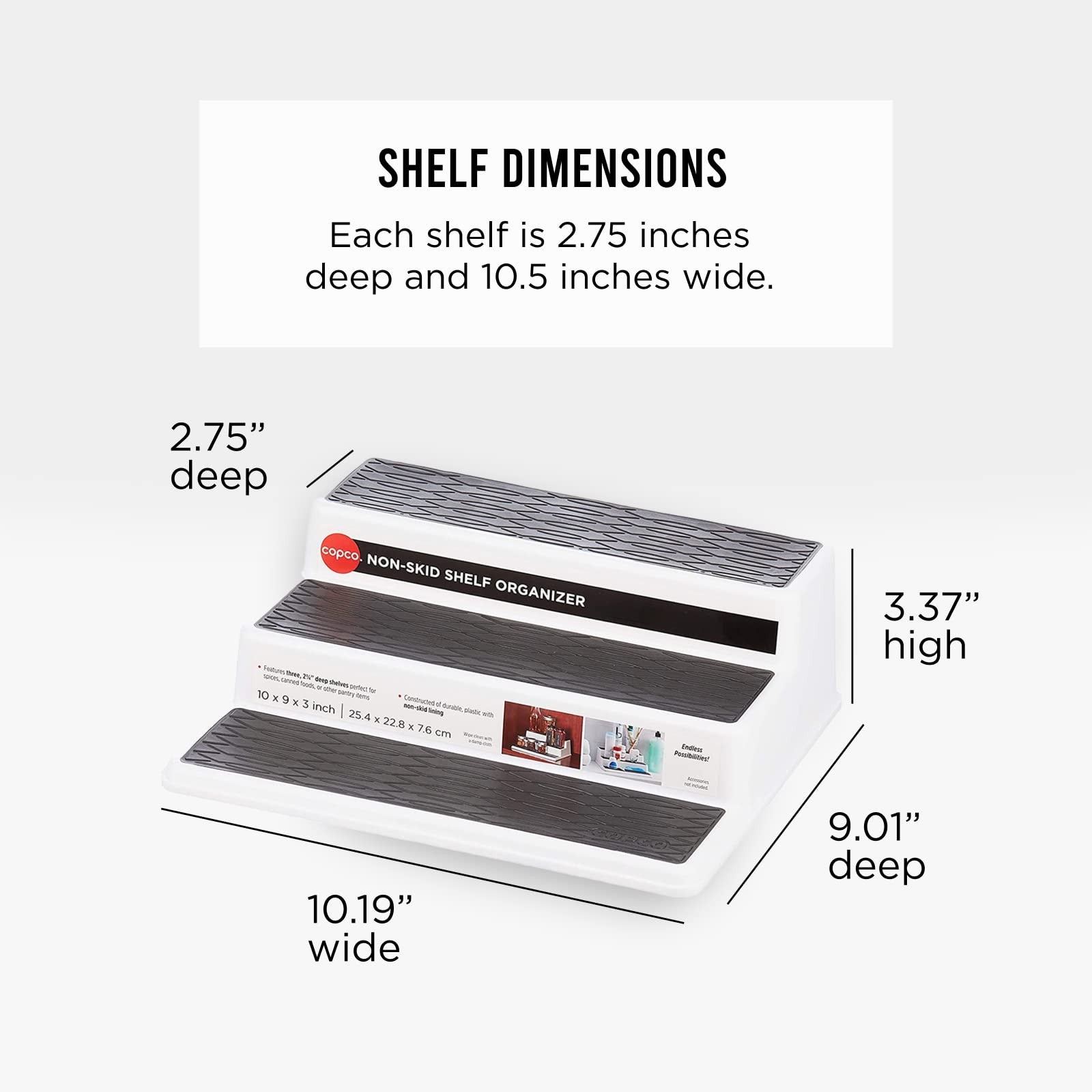 Copco 3-Tier Spice Organizer, 10-Inch Non-Slip Shelf for Cabinets