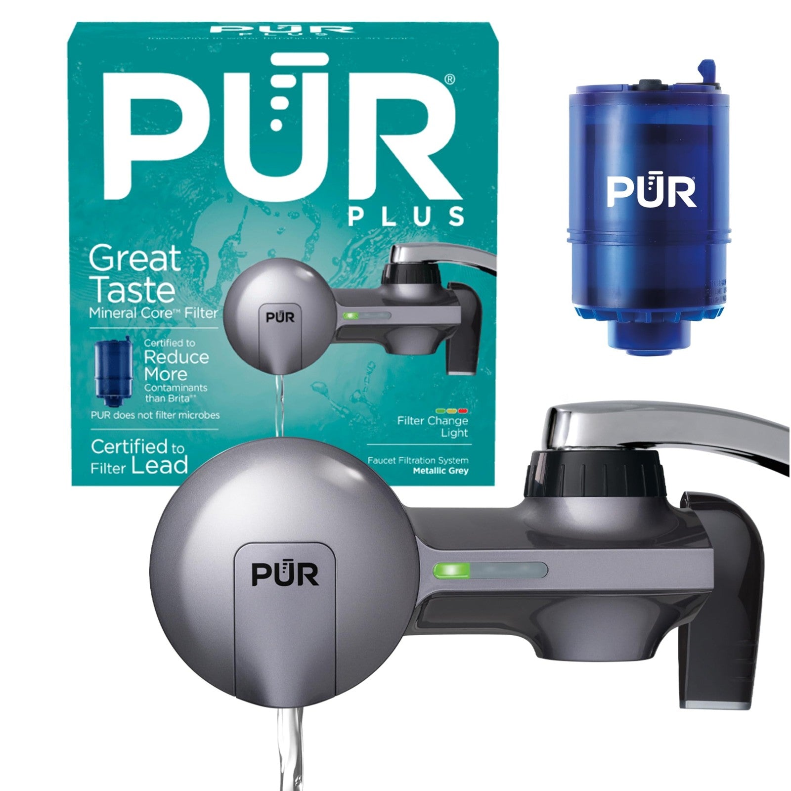 PUR Plus Faucet Mount Water Filter System, 3-in-1 Lead Reducing, Grey