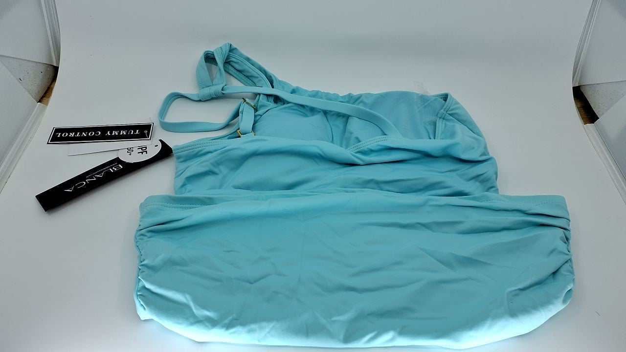 La Blanca One Shoulder Tankini, Ice Blue, Size 4, Nylon Blend