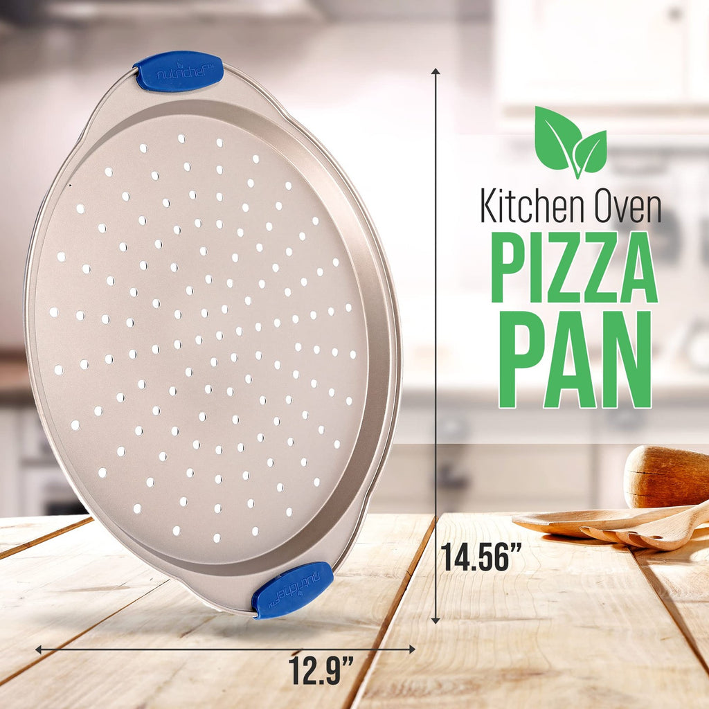NutriChef 13-Inch Non-Stick Pizza Tray w/ Silicone Handle - Gold
