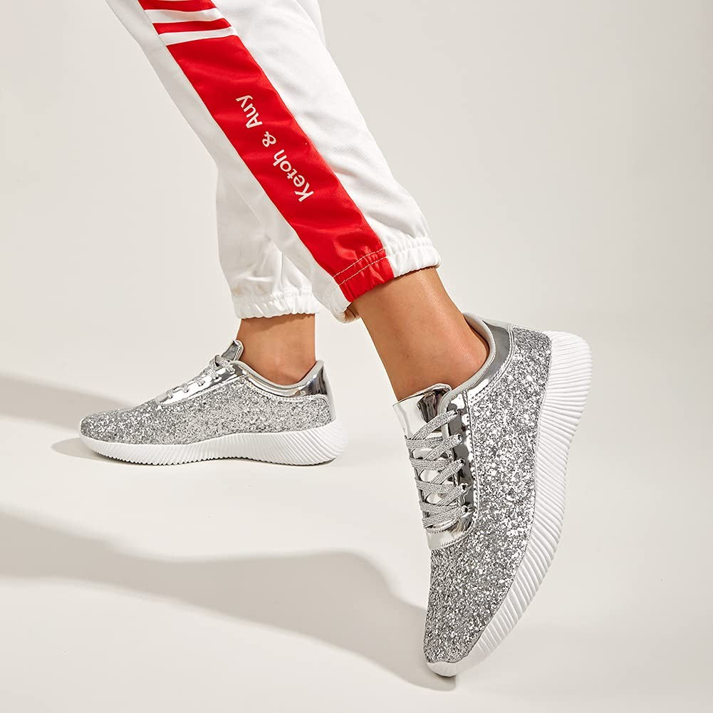 Silver Glitter Tennis Shoes for Women 11B Lightweight Sparkly Style