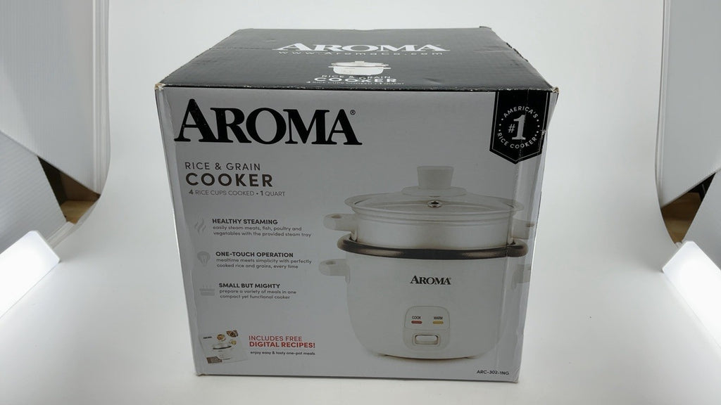 Aroma 4-Cup Rice Cooker Steamer Oatmeal Maker White 1 Qt ARC-302-1NG