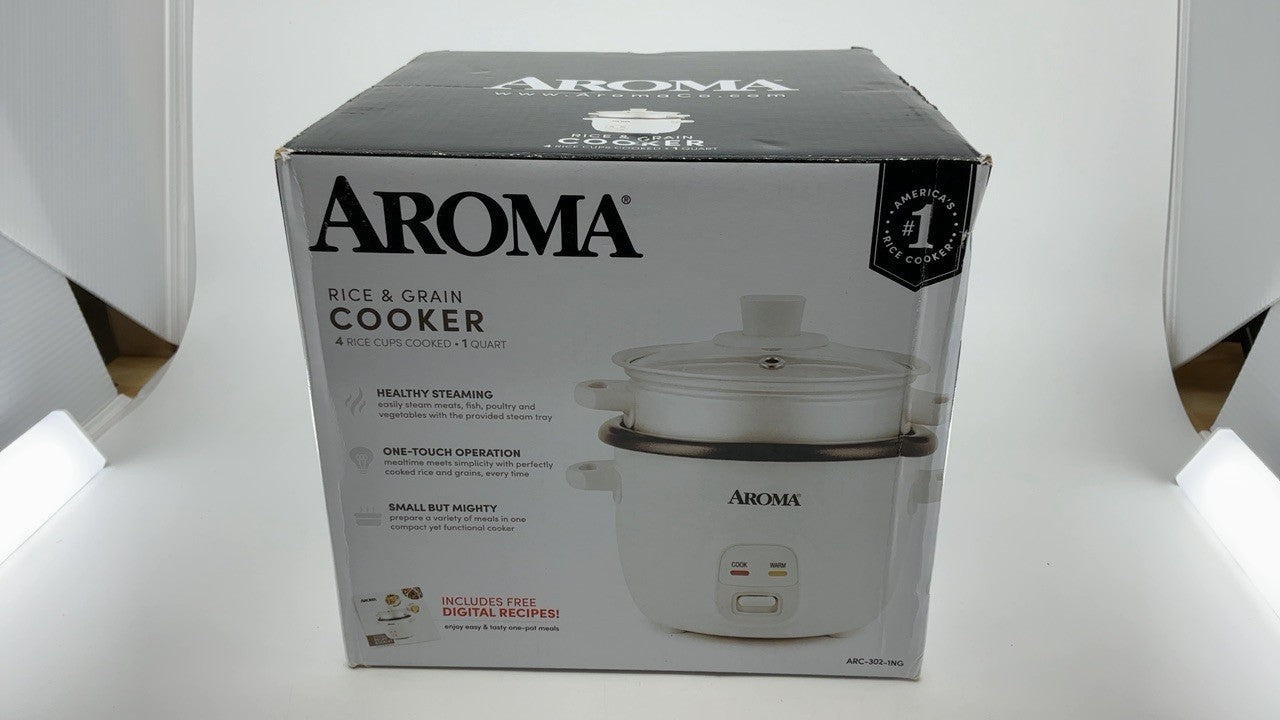 Aroma 4-Cup Rice Cooker Steamer Oatmeal Maker White 1 Qt ARC-302-1NG