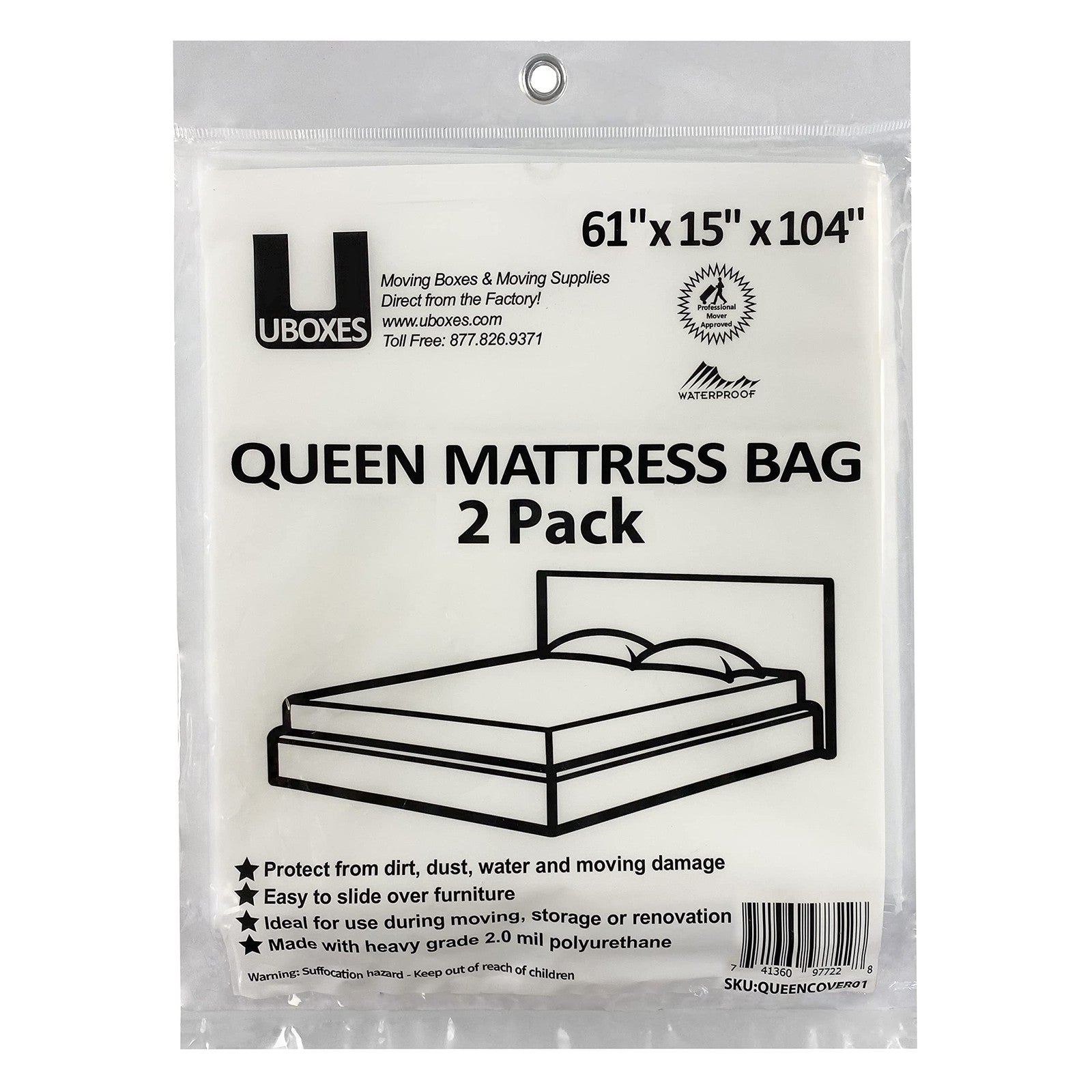 Pack of 2 Queen Mattress Covers 61x15x104 - Heavy Duty Clear Bags