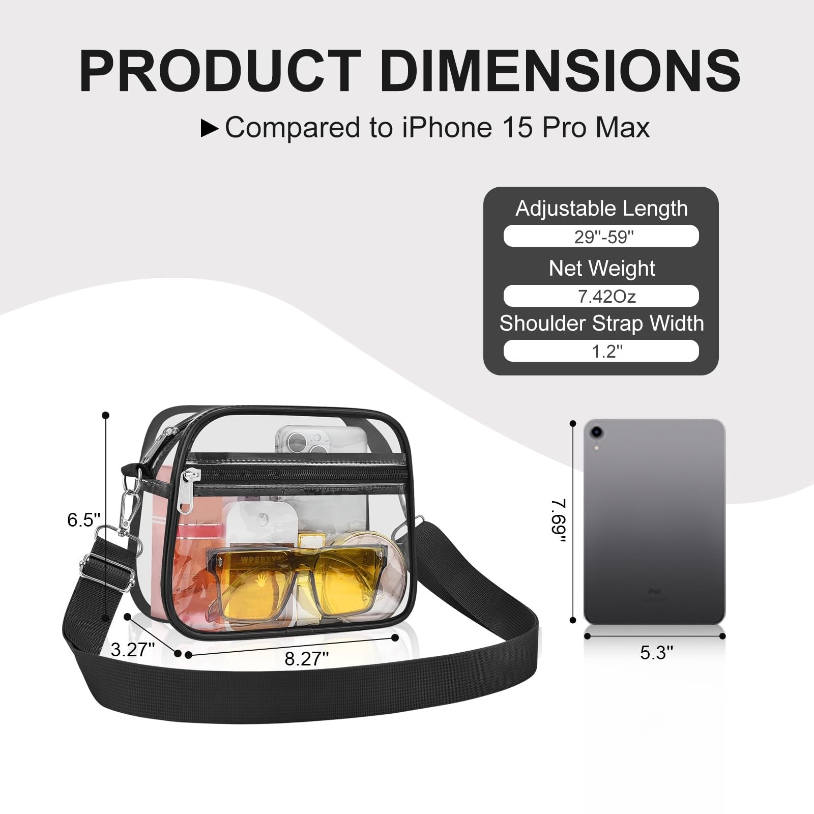 Transparent Crossbody Bag for Concerts & Sports, Medium Size, Black