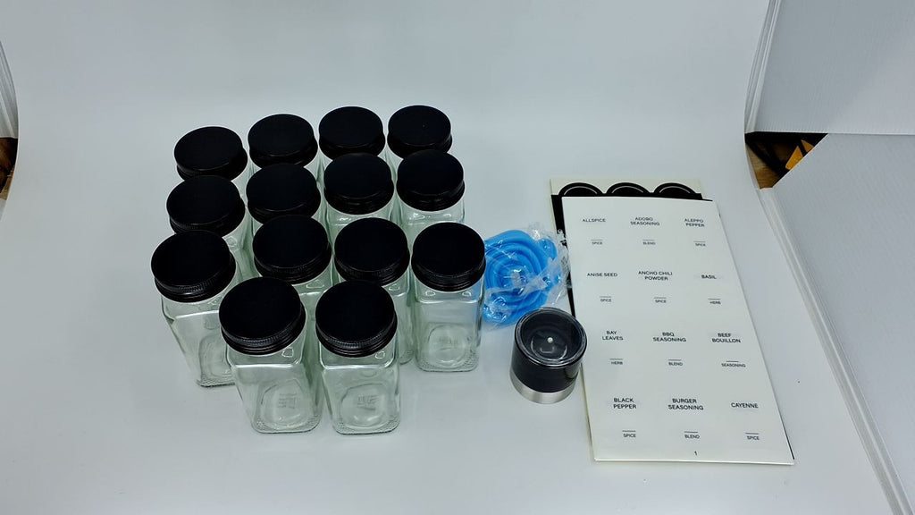 4oz Glass Spice Jars Set - 14 Pcs w/ Black Lids & Collapsible Funnel