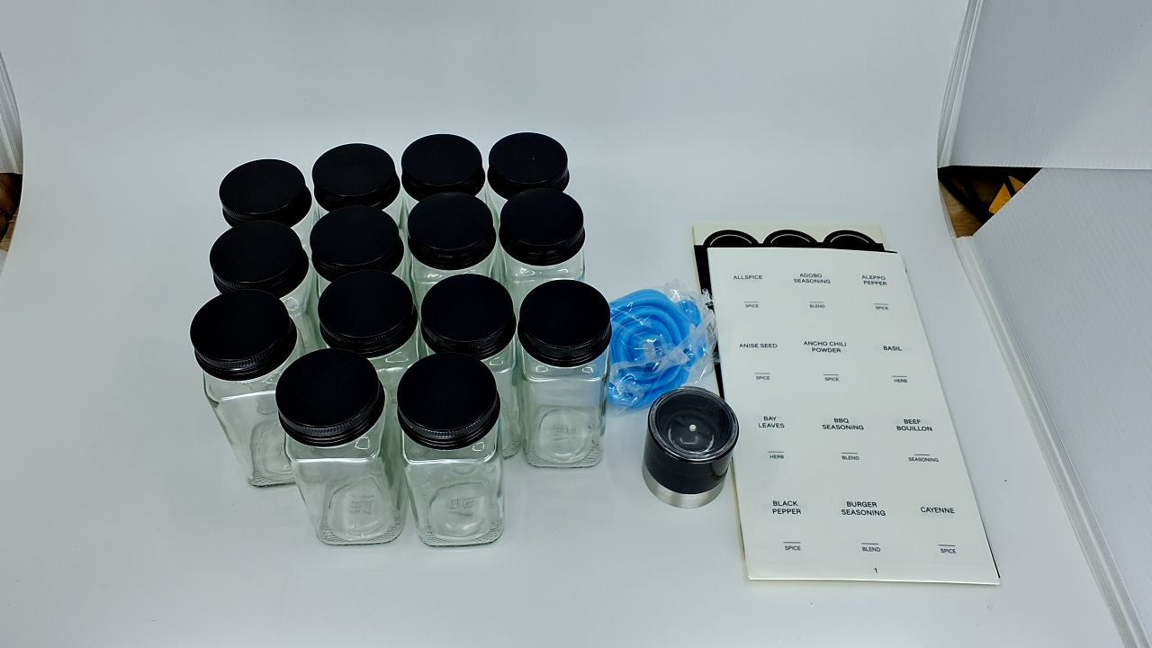 4oz Glass Spice Jars Set - 14 Pcs w/ Black Lids & Collapsible Funnel