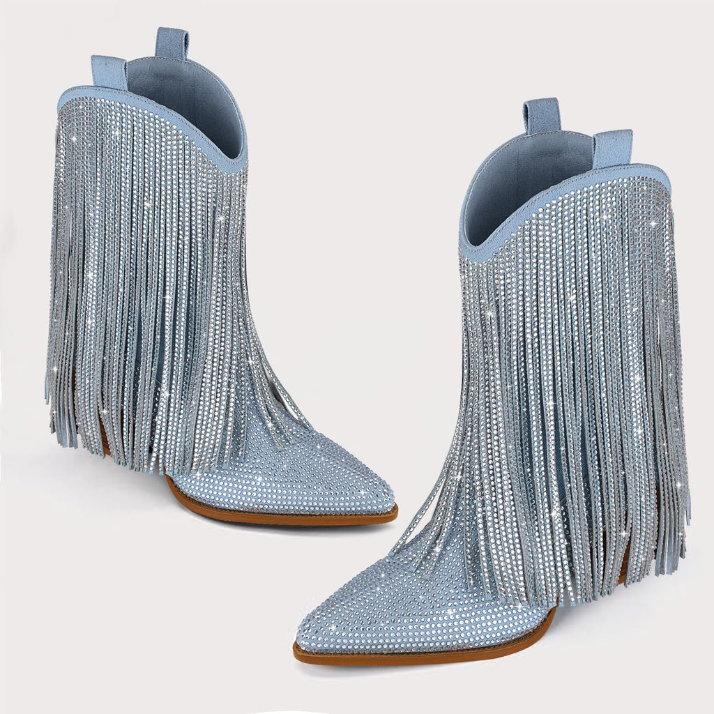 Women’s Cowboy Boots, Chunky Heel, Pointed Toe, Denim, Size 9.5