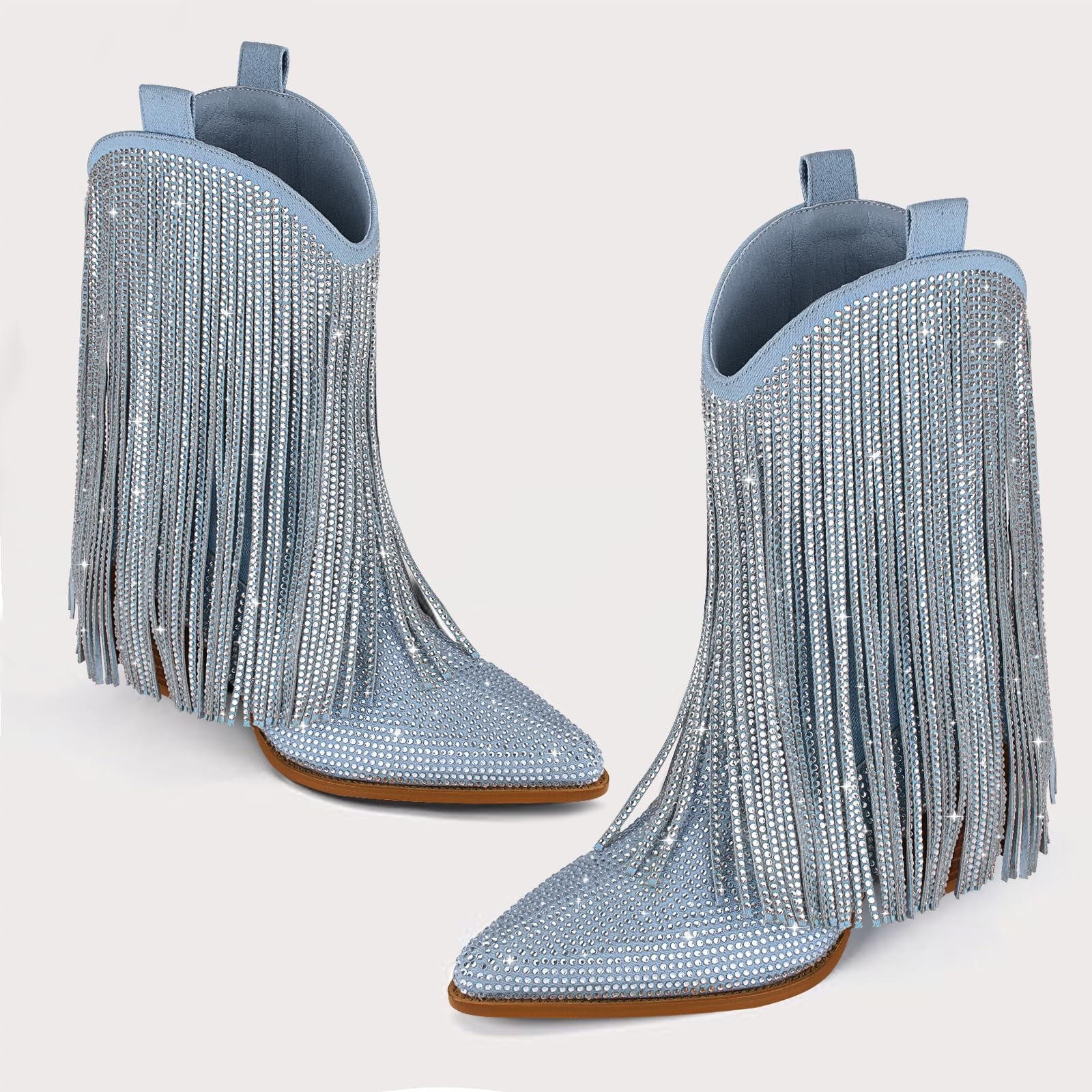 Women’s Cowboy Boots, Chunky Heel, Pointed Toe, Denim, Size 9.5