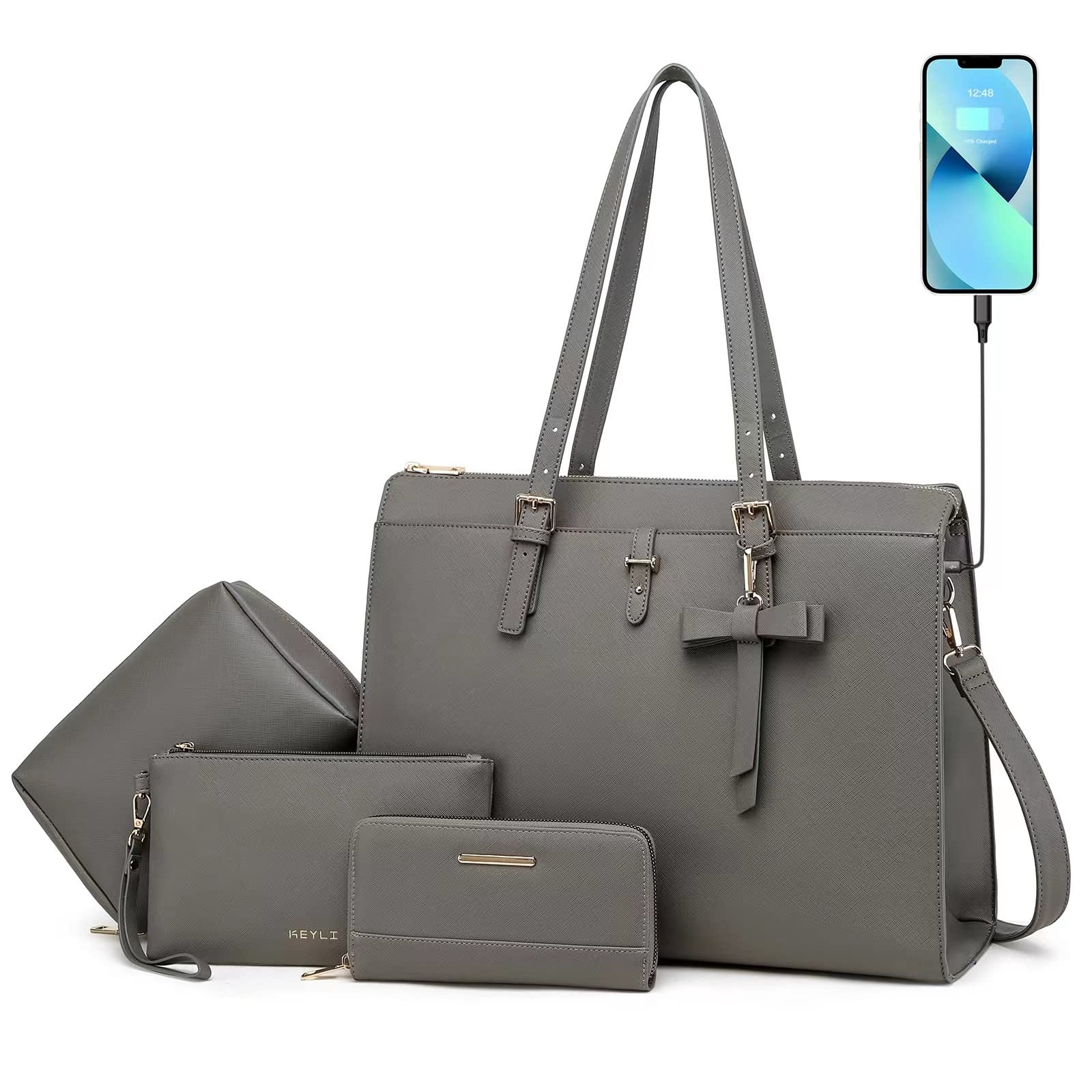 Women’s Gray Leather Laptop Bag, Large Tote w/ USB Port, 4pcs Set