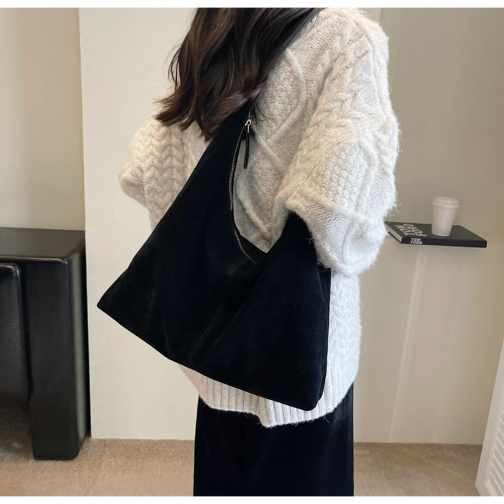 Trendy Black Suede Crescent Shoulder Bag w/ Top-Handle & Crossbody