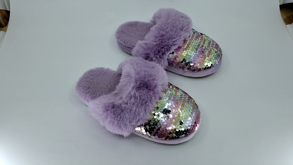Fuzzy Slip-On Slippers for Girls, Purple Faux Fur, Memory Foam, Size 11-12